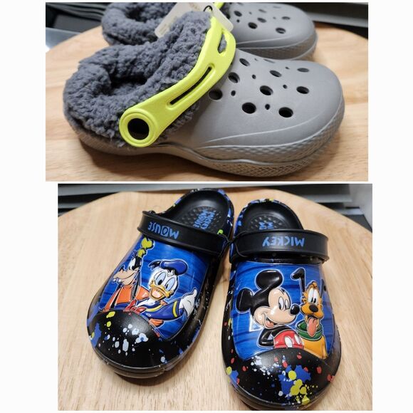 2 Pairs Boys Clog Shoes Size 11/12 – Mickey Mouse & Lined Grey – Toddler Bundle - Picture 1 of 10